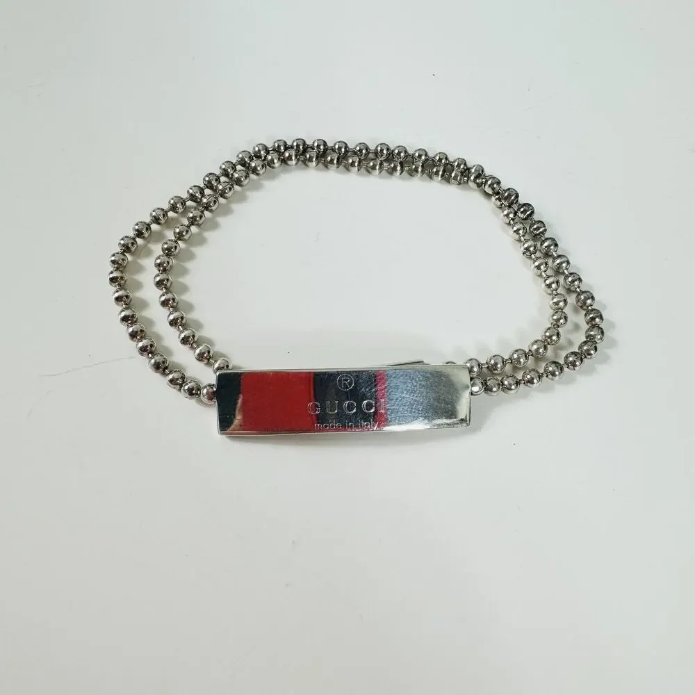 Gucci 925 Sterling Silver Beaded ID Bar Chain Bracelet Made In Italy Designer
